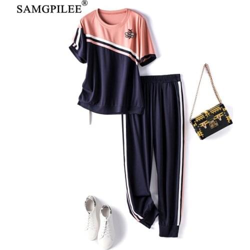Summer Two Piece Sets For Women 2021 New Fashion Patchwork Casual Hit Color Beaded 2 Pcs Woman Sport Suits Plus Size 4XL