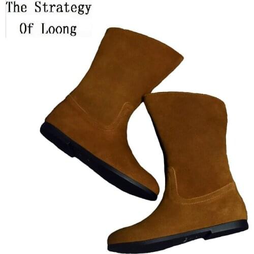 2019 Autumn Winter Casual Multiple Types Nubuck Flat Heels Sewing Women Half Boots Full Genuine Leather Mid Calf Slip On Boots