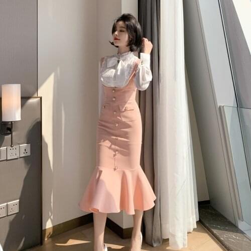 New arrival women temperament two-piece set chiffon shirt slim trumpet dress fashion high quality cute solid summer women set
