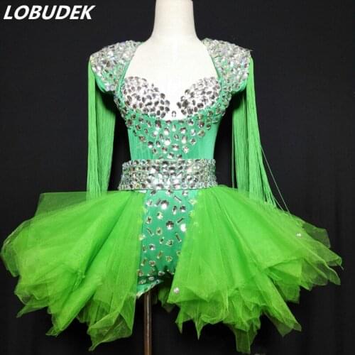 4 Color Rhinestones Bodysuit Tutu Dress Sexy Female Singer Models Catwalk Stage Wear Nightclub Bar Dance Team Jazz Dance Costume