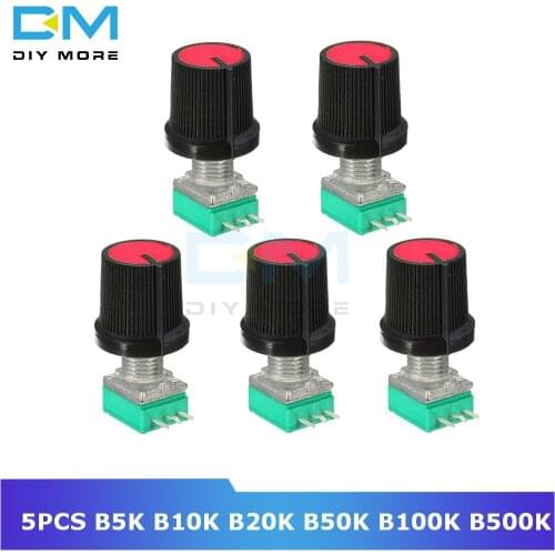 5PCS 6mm 3 pin Knurled Shaft Single Linear B Type B5K B10K B20K B50K B100K B500K ohm Rotary Potentiometer Knob Cap Red