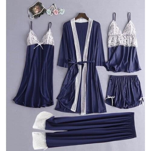5PC Women Silk Satin Lace Female Pajama Set Camisole Trouser Short Nightdress Robe Sleepwear Lingerie Underwear pijama hombre g4