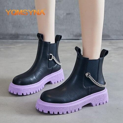YQMSYNA Fashion Ankle Boots Comfortable Thick Bottom Flat With Non-slip Metal Chain Chelsea Boots Round Toe Office Shoes AS359