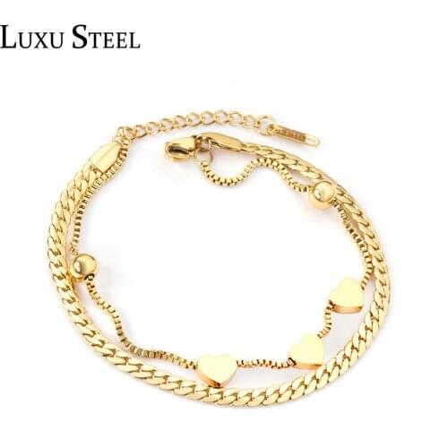 LUXUSTEEL Friends Heart Shape Bracelets Double Chains Bracelets With Gold Silver Color Ball 2021 Stainless Steel Chains Bracelet