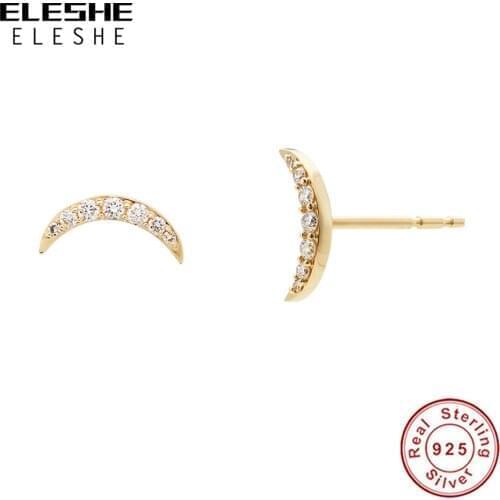ELESHE 2021 New Fashion 18K Gold Plated CZ Moon Stud Earrings 925 Sterling Silver Small Earrings for Women Wedding Jewelry