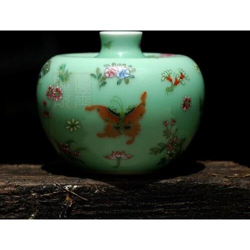 Bean Green Glaze Famille Rose Butterfly Apple Shaped Small Vase Honor Quality as Jade/Traditiional China CeramicOrnament
