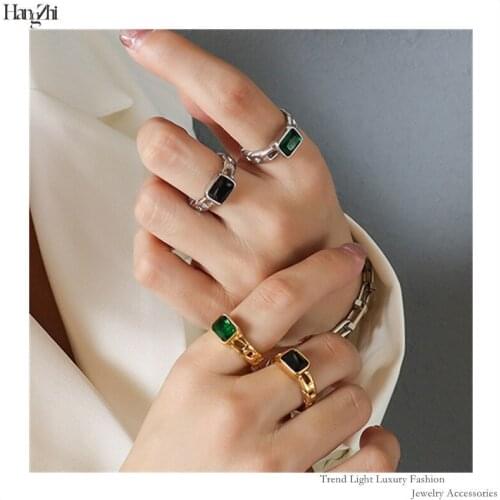 French Vintage Niche Design Chain Colorful Black Square Zicon Faceted Women Ring Open Titanium Steel Ins Jewelry Hangzhi 2021