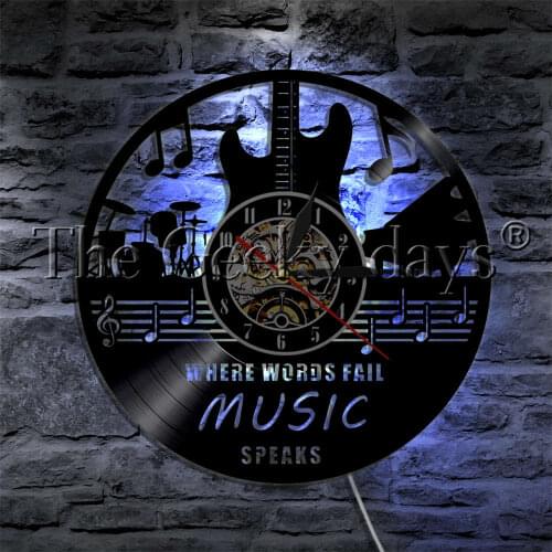 Where Words Fail Music Speaks LED Light Vinyl Record Wall Clock Rock Music Guitar Musical Instrument Modern Wall Lamp