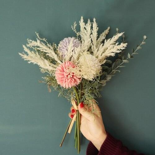 1 Bouquet Artificial Flower Real Touch Silk Dandelion Plastic Eucalyptus Hybrid Bouquet Wedding Home Decor Plant Fake Flower