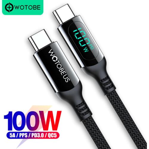 USB C to USB C Cable 100W, WOTOBE LED Display Type-C 5A E-Mark Fast Charging Nylon Braided Cord for Samsung ThinkPad YOGA laptop