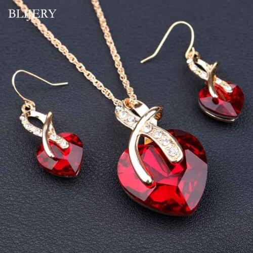 BLIJERY Gold Color Red Crystal Bridal Jewelry Sets for Women Heart Pendant Necklace Earrings Sets Party Wedding Jewelry Sets