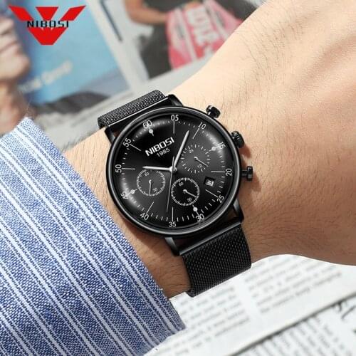 NIBOSI Mens Watches Luxury Sport Wrist Watch Unique Design Stainless Steel Auto Date Mesh Strap Men Fashion Casual Quartz Watch