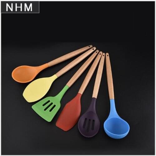 NHM Wooden handle color silica gel kitchenware 6 pieces set non-stick pan silicone kitchenware set cooking shovel spoon tool
