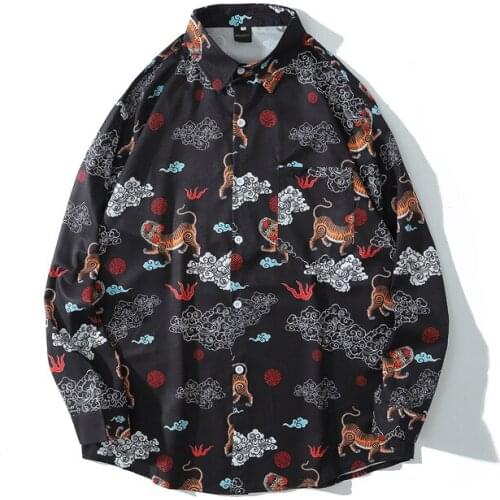 Men Tiger Printing Shirts High Quality Streetwear Casual Male Black Oversized Harajuku Vintage Long Sleeve New Top Shirt For Men