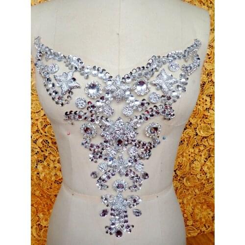 Handmade silversew on Rhinestones applique crystal patches with stones sequins beads 30*28cm Diy dress accessory