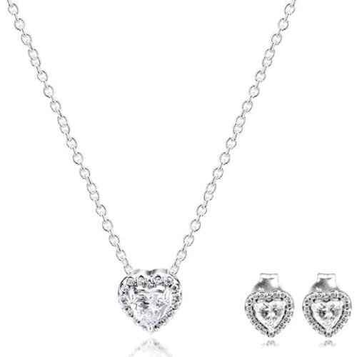 S925 Original Sterling Silver Jewelry Sets Sparkling Heart Necklace Stud Earrings for Women Party Gift brincos collier Wholesale