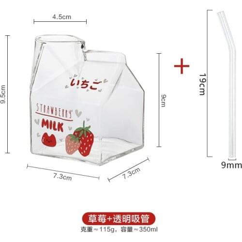 380ML Glass Milk Cup Square Milk Box Microwave Oven Can Heat Home Creative Breakfast Cup Lovely Strawberry Cup
