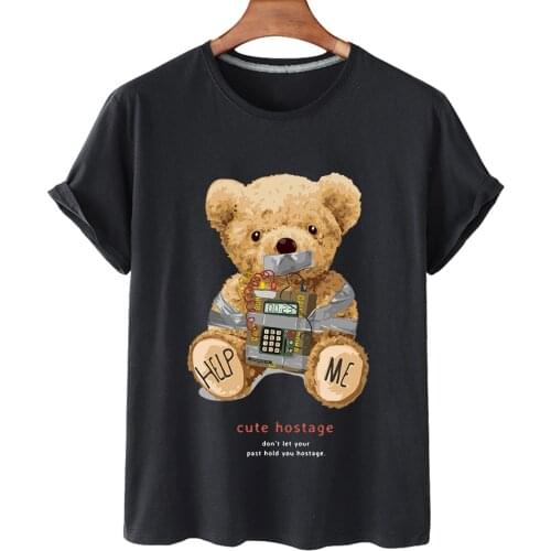 100% Cotton Kidnapping Cute Bear Big Shirt Short Sleeve O-neck Loose T-shirt Female Plus Size T-shirt For Men And Women S-4XL