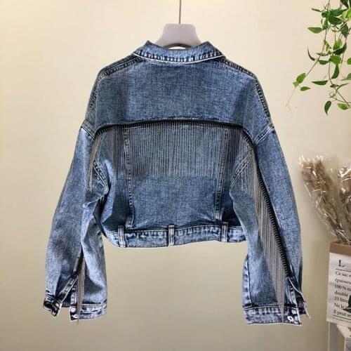 High quality 2020 Spring Womens Heavy Fringed Chain Washed Jeans Short Jacket Cowboy Coat Students Casual Denim Coat Outwear