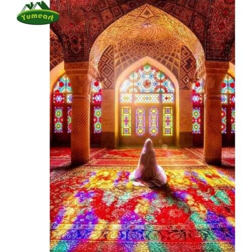 Yumeart Diy 5D Mosaic Diamond Painting Cross Stitch Islamic Mosque Praying Diamond Embroidery Full Square Crystal Wall Stickers