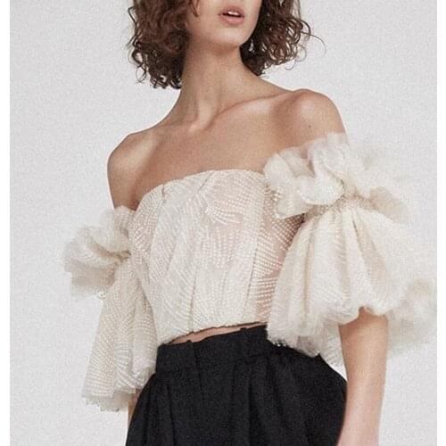 2021 New Patchwork Mesh Shirt Blouse For Female Slash Neck Off Shoulder Backlesss Womens Cropped Shirt Fashion Tide