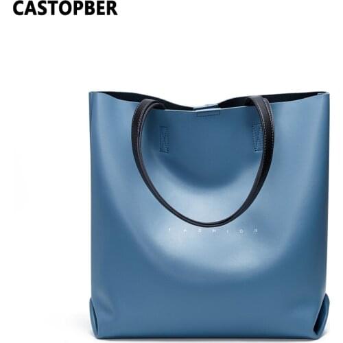 Women Larage Tote Bag Contrast Color Shoulder Handbags Bucket Bags Split Leather Simple Design Composite Quality Famous Brand
