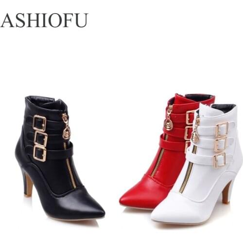 ASHIOFU New Womens High Heel Boots Buckle Straps Party Prom Ankle Booties Fashion Large Size Evening Short Boots Shoes