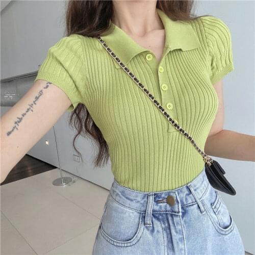 Woman TShirts Polo Lapel Single Breasted Knitted Short-Sleeved T-shirt Womens Top Summer Crop Top Mujer Camisetas