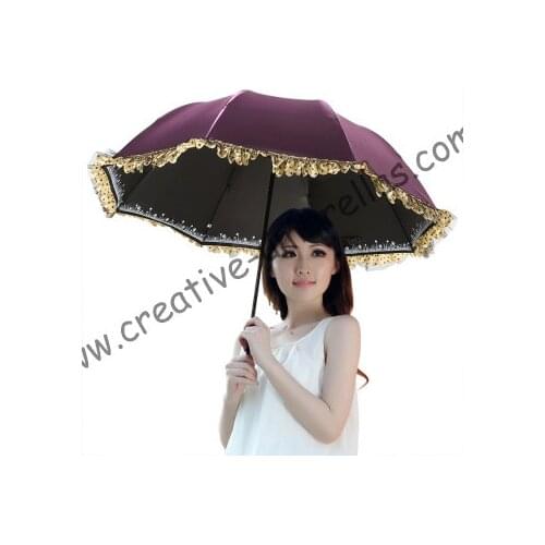 Ladies' summer 100%sunscreen UPF>50+ folding mini umbrella 5 times black coating UV protecting women pocket lace parasol