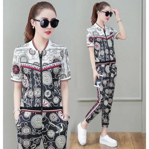 Women Printed Tracksuit 2 Piece Sets 2021 Summer Casual Zipper Short Sleeve Tops + Sweatpants Set Breathable Joggers Sweat Suits