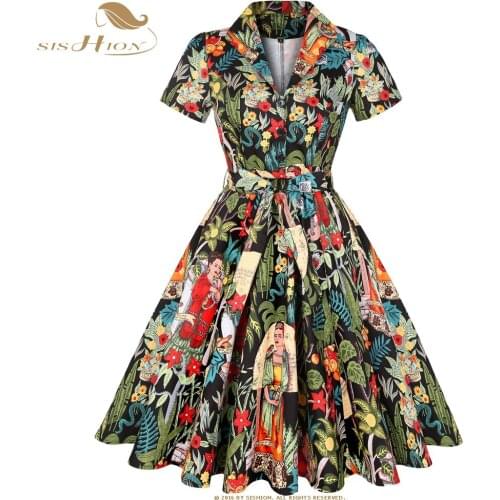 SISHION Cotton Plus Size Women Dress Vestidos SD0002 Short Sleeve Floral Animal Print 50s Retro Swing Vintage Rockabilly Dress