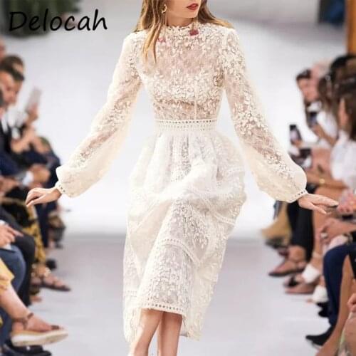 Delocah New 2021 Summer Women Fashion Runway Party Midi Dress Lantern Sleeve Embroidery Hollow Out White Printed Ladies Dresses