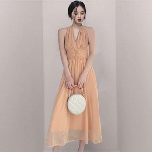 Women Sexy Halter V-Neck Boho Long Dress Summer Sleeveless Pleated Maxi Party Dress Elegant Lady Polka Dot Beach Dress Vestidos