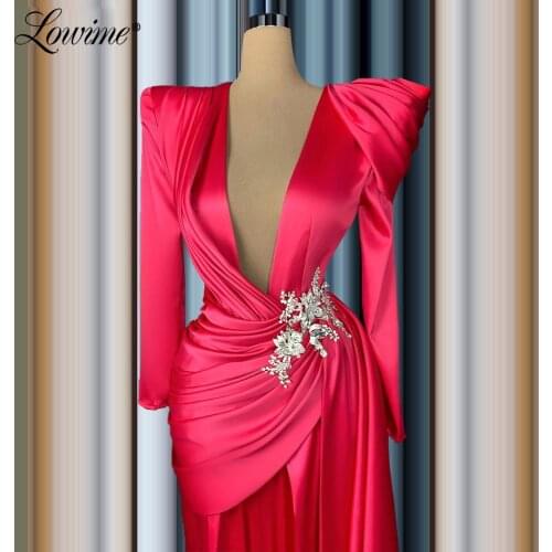 Plus Deep V Neck Dubai Design Women Evening Dresses Long Sleeves Mermaid Long Prom Dress Celebrity Party Gowns 2020 Custom Made