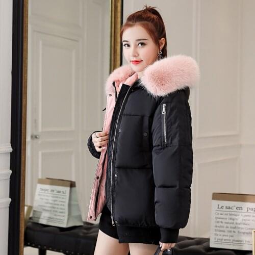 Winter Jacket Women Down Cotton Coat Female Clothes 2019 Ladie Print Padded Warm Short Parka Large Fur Overcoat Hiver 808
