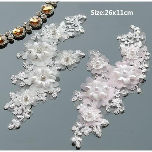 2 Pieces (1 pairs) Lace Applique White/Pink Colors Sewing Bridal Applique Pearl Beaded Lace Appliques