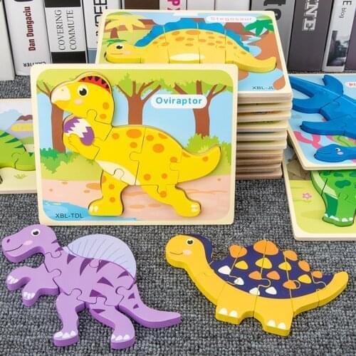 2021 Baby Wooden Cartoon Dinosaur 3D Puzzle Jigsaw For Kids Boy Girl Montessori Early Learning Educatioanl Puzzle Toys
