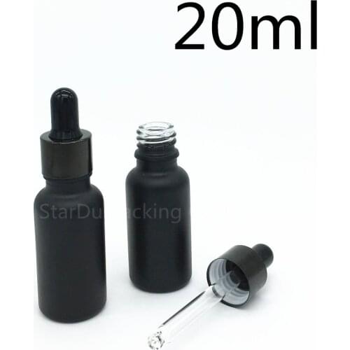 Free shipping 500pcs 20ml black frosted glass essential oil bottle with black aluminum ring dropper glass perfume bottle