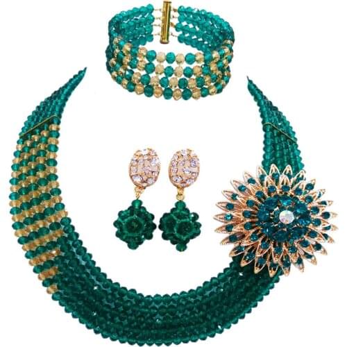 Teal Army Green Gold AB Nigerian Wedding African Beads Jewelry Set Crystal Beaded Necklace Sets Bridal Jewelry Sets 5RJZ35