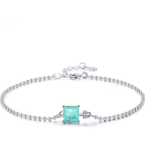 Genuine 925 Sterling Silver Square Green Zircon Beads Chain Bracelets Fine Jewelry for Women