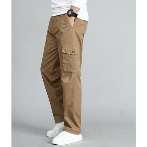 Summer Mens Khaki Pants Plus Size Straight Fit Big Sizes 5XL Side Pockets Wide Leg Cotton Black Cargo Pants Work Trousers Male