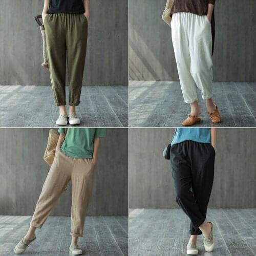 Womens Spring Summer Cotton Linen Pants Female Solid Elastic Waist Candy Colors Harlan Trousers Soft High Quality For Ladies