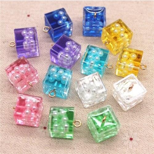 10pcs Resin Transparent Cube Inside ABS Pearl Beads DIY Jewelry Pendant Home Decoration Accessories,14mm