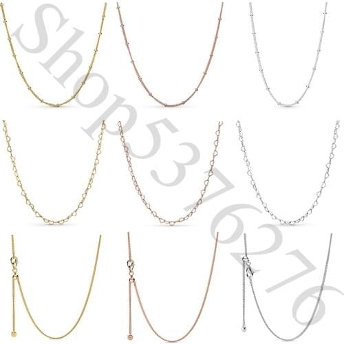 925 Sterling Silver Rose Shine Beaded Curb Joined Hearts Fashion Chain Necklace Fit Pandora Women Bead Charm Gift DIY Jewelry
