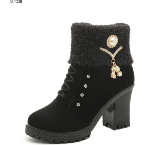 Black Fashion women high heel half short ankle boots winter snow botas fashion footwear warm heels boot shoes