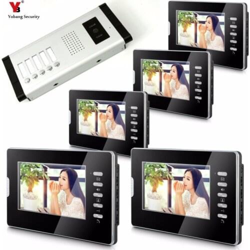 Yobang Security Apartment Intercom Entry 5 Monitor Wired 7" Color button Video Door Phone intercom System for 5 house