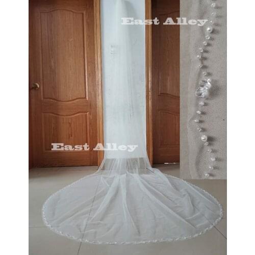 White Ivory 1 Tier Waltz Floor Chapel Cathedral Wedding Veils Crystal & Pearls Cut Edge Bridal Veil Wedding Vail with Metal Comb