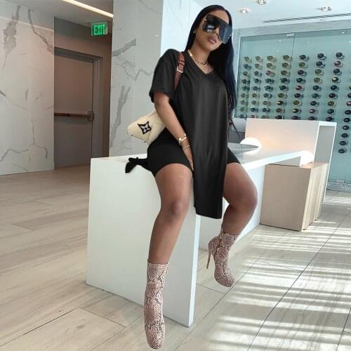 Crew Neck Loose Short Sleeve X-Long Split Hem T Shirt Top Bodycon Tight Shorts Casual Solid Tracksuit Womens 2 Pieces Outfits