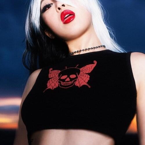 Grunge Goth Skeleton Print O Neck Crop Tops Paragraph Tees Emo Young Girl Vest Bodycon Cartoon Punk Design Alt Cloth Bustier