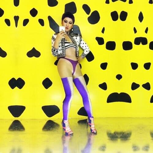 Printed bikini jumpsuit plus black and white jacket and blue tie leg nightclub party birthday concert singer dancer costume